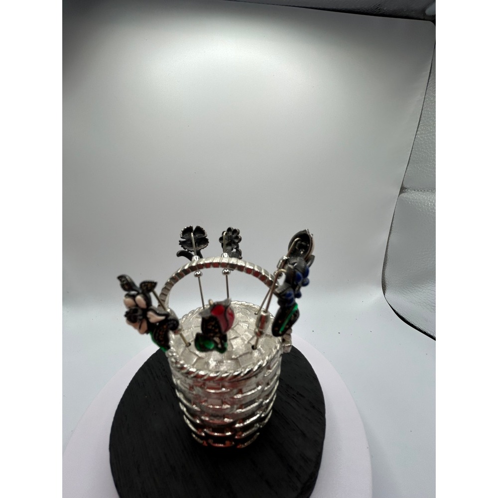 Judith Jack sterling enamel floral stick pins in a silver tone basket #304 - Picture 2 of 9